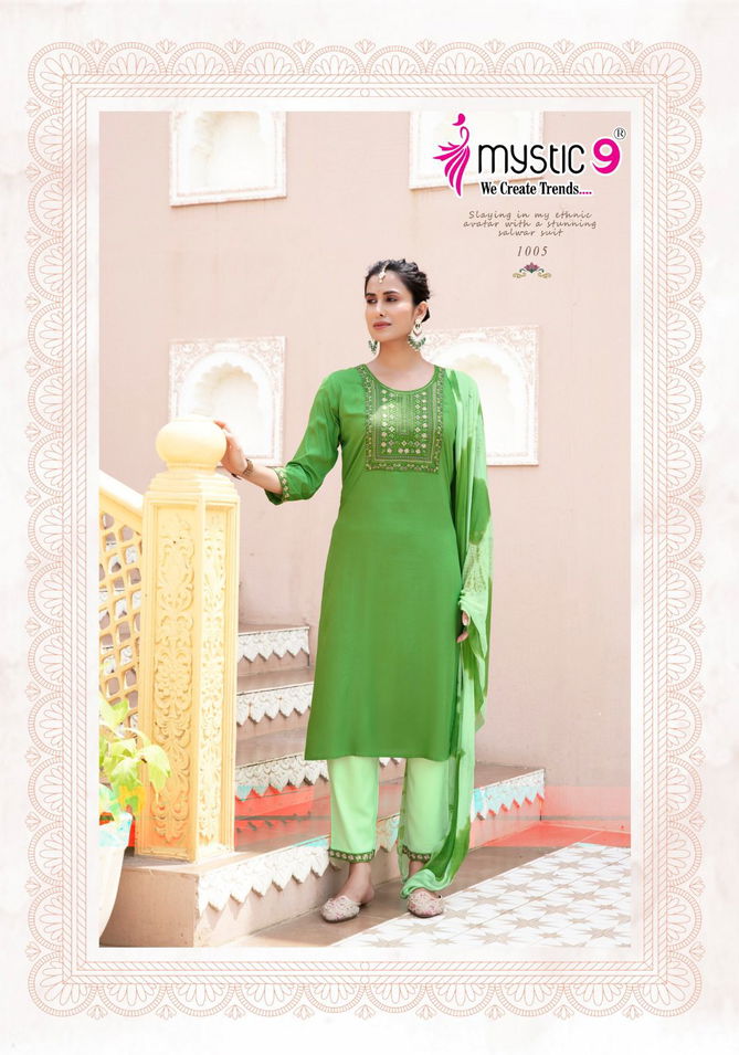 Janki Vol 1 By Mystic 9 Rayon Embroidery Kurti With Bottom Dupatta Wholesale Shop In Surat